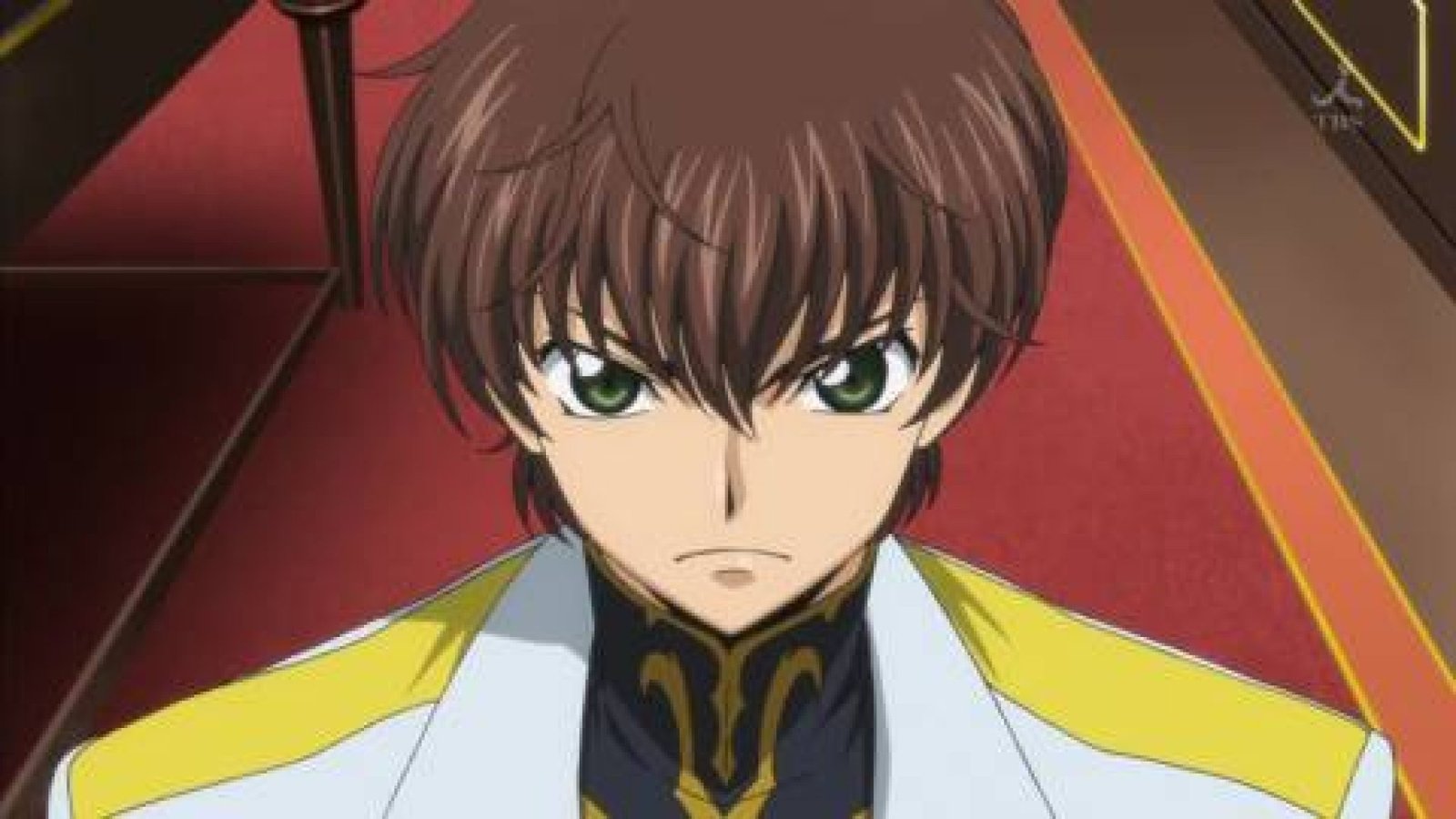 Suzaku Kururugi standing amidst a dramatic dark cityscape with light breaking through the clouds
